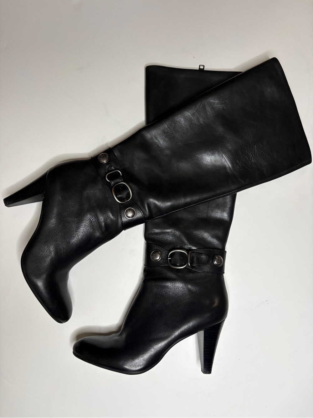 Coach Amii black semi-matte calf leather tall zipper heeled boots A7442 sz 9